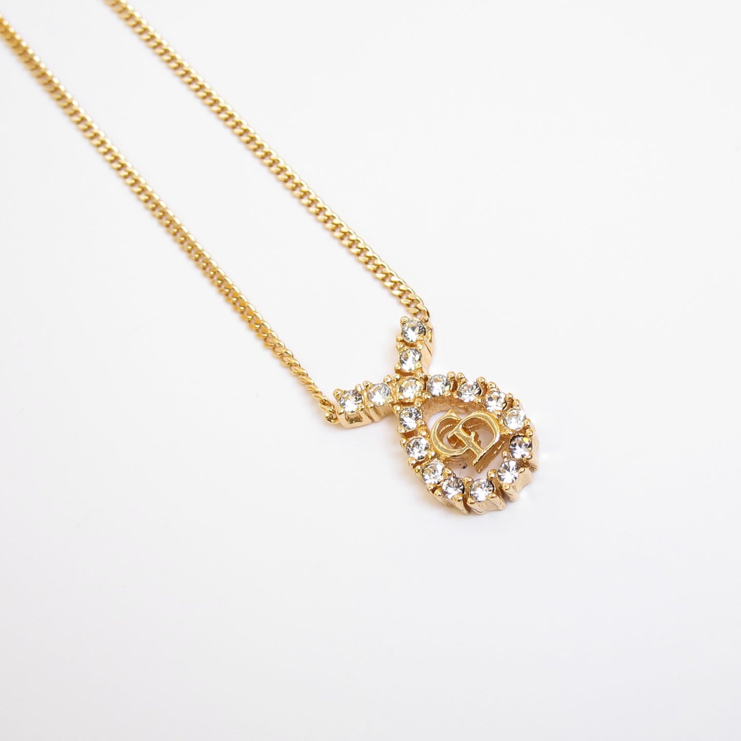 Christian Dior Vintage CD Logo in Drop Shape with Rhinestone Golden Necklace
