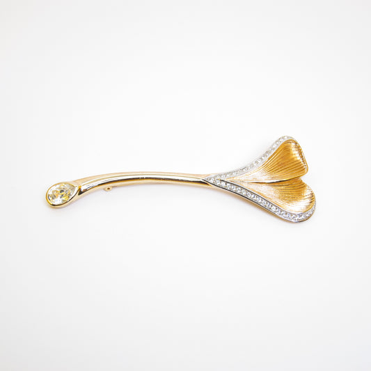 Christian Dior Vintage Ginkgo Leaf with Rhinestone Golden Brooch