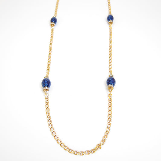 Christian Dior Vintage Lapis Lazuli Color Stone and Rhinestone Golden Long Necklace