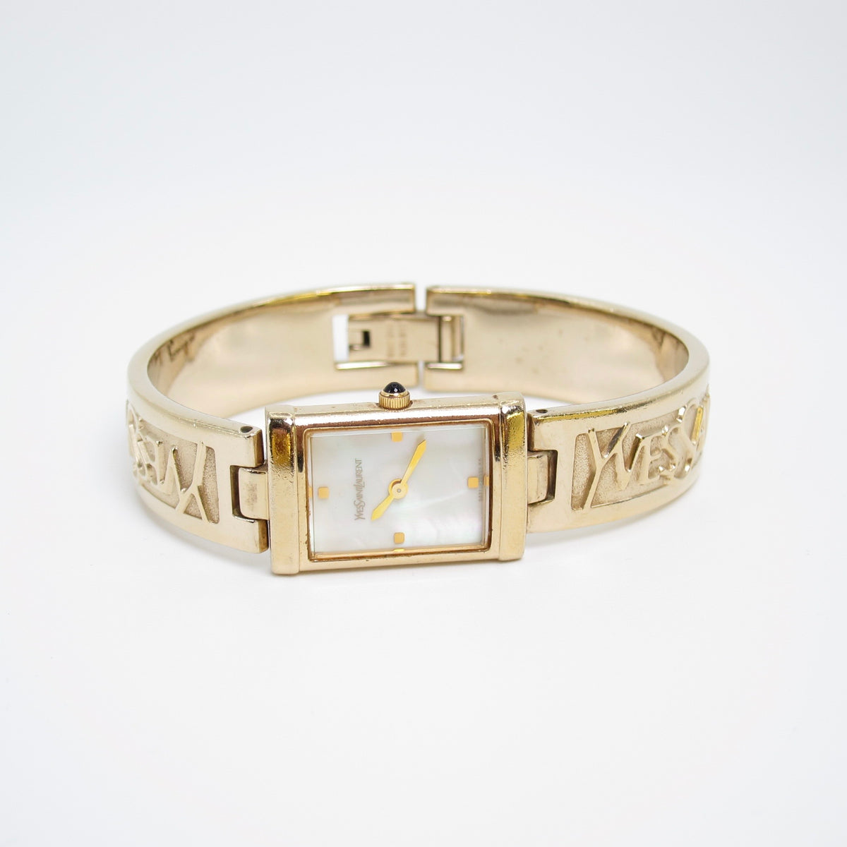 Yves Saint Laurent Vintage Rectangle Shell Pearl Face and Logo Engraved Golden Bangle Watch