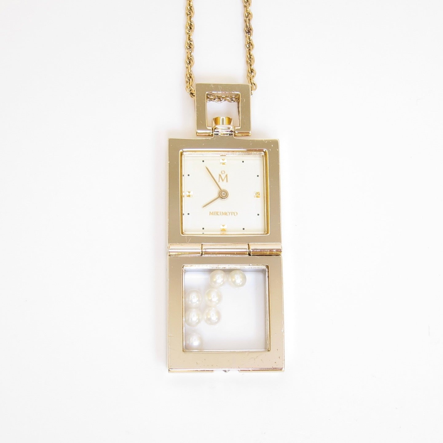 Mikimoto Vintage Square Ivory Face Golden Pendant Watch with Pearl Box and Necklace