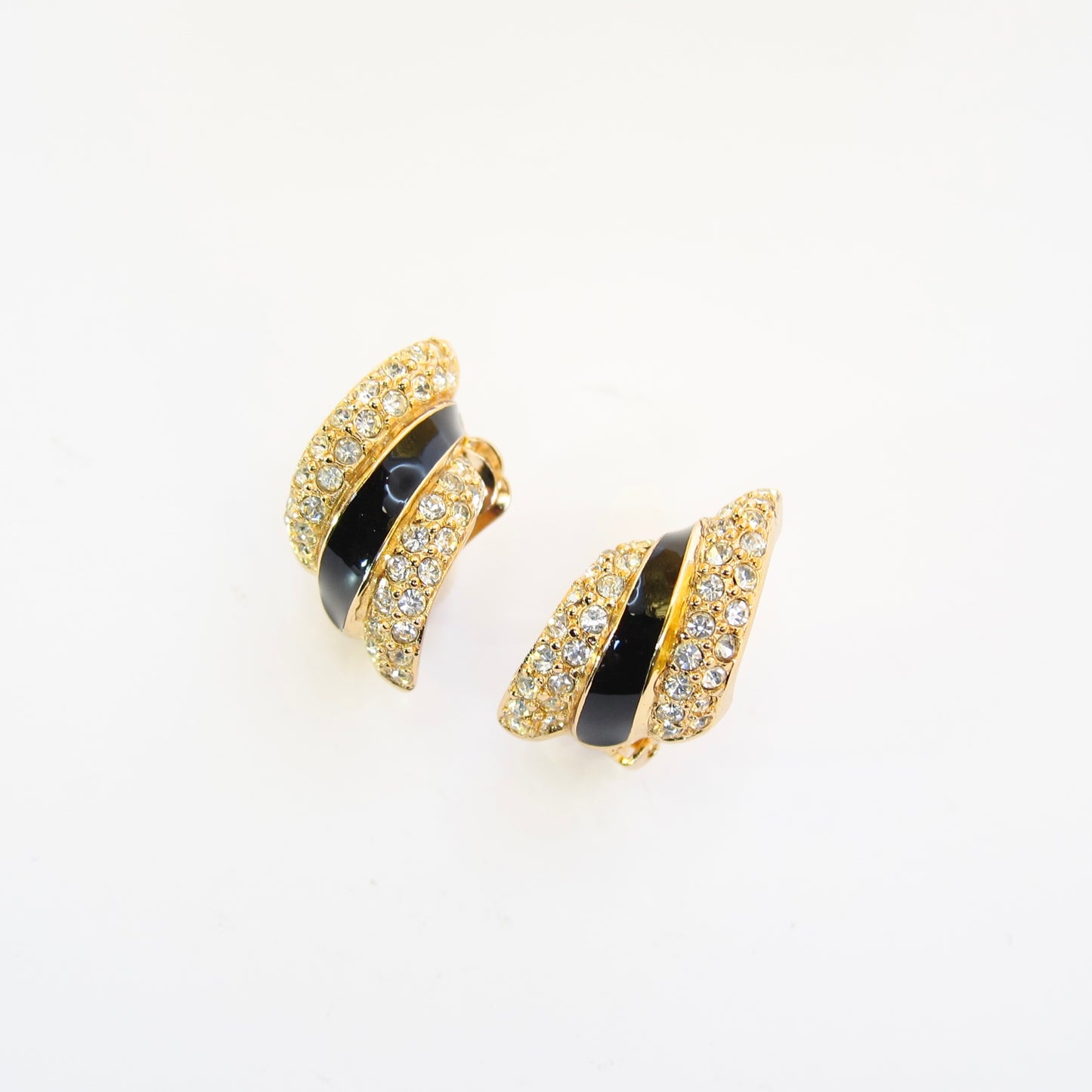 Christian Dior Vintage Stylish Black and Rhinestone Golden Clip-on Earrings