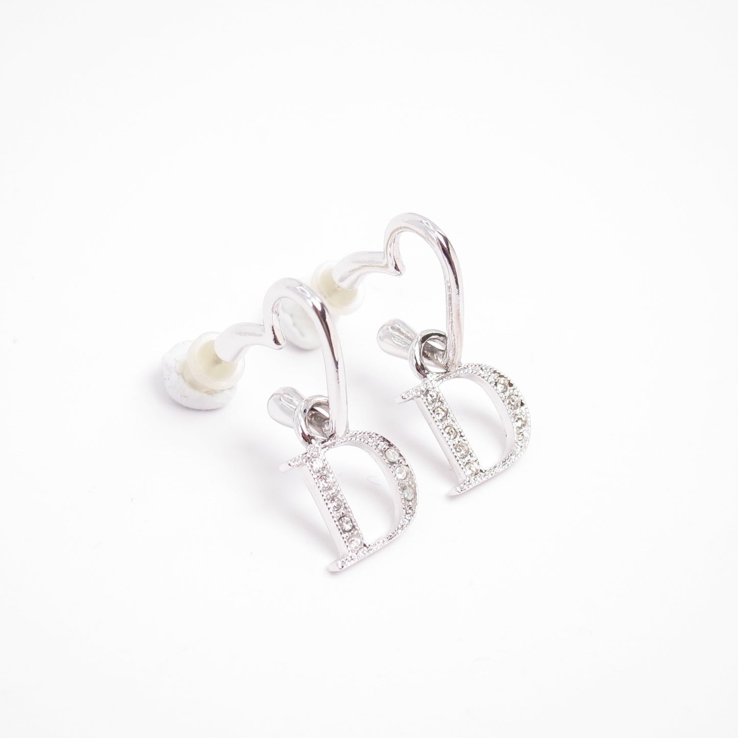 Christian Dior Vintage D Logo with Rhinestone on Heart Silver Earrings