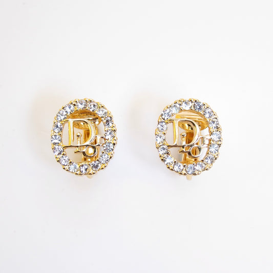 Christian Dior Vintage Dior Logo in Oval Shaped with Rhinestone Golden Clip-on Earrings