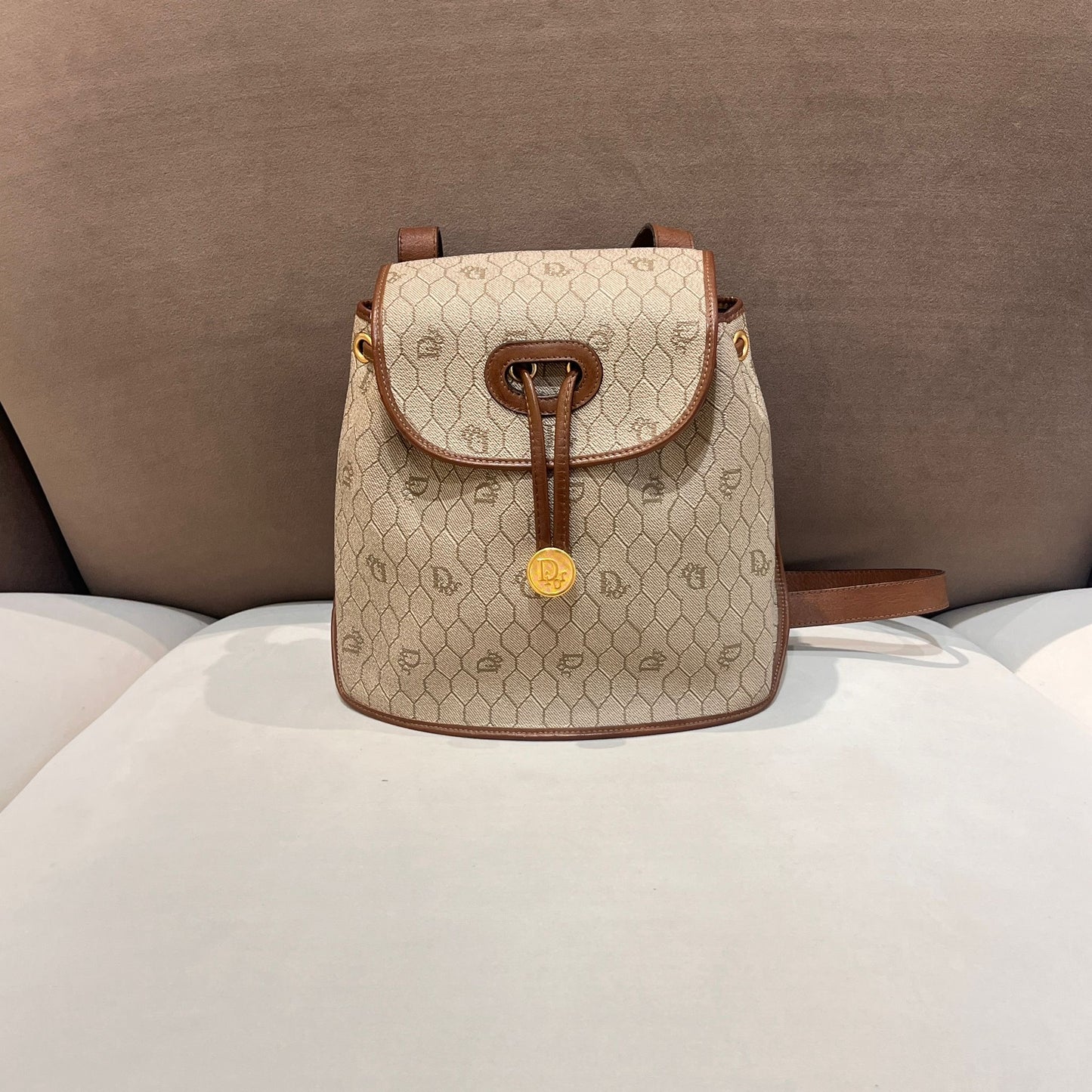Christian Dior Vintage Honeycomb Pvc Brown Leather Drawstring Backpack