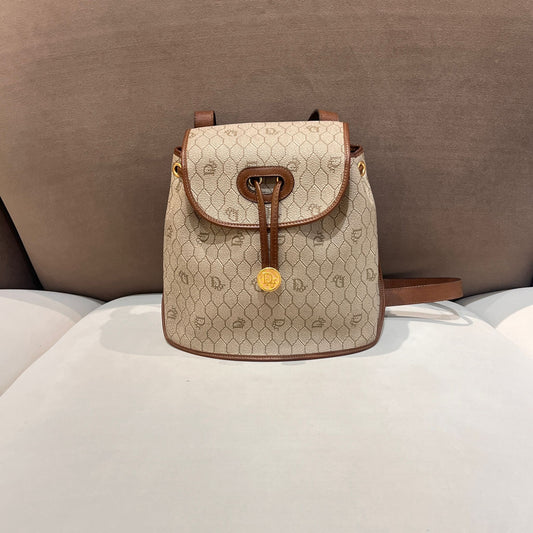 Christian Dior Vintage Honeycomb Pvc Brown Leather Drawstring Backpack