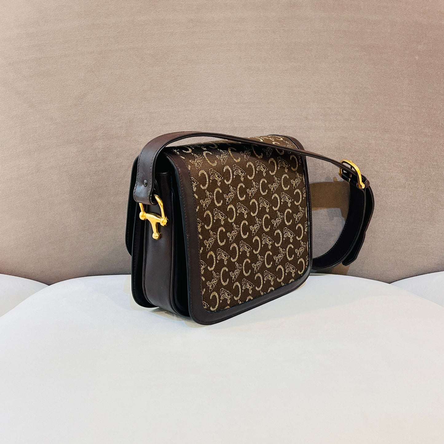 Celine Vintage Triomphe Canvas Khaki Leather Gold Clasp Shoulder Bag