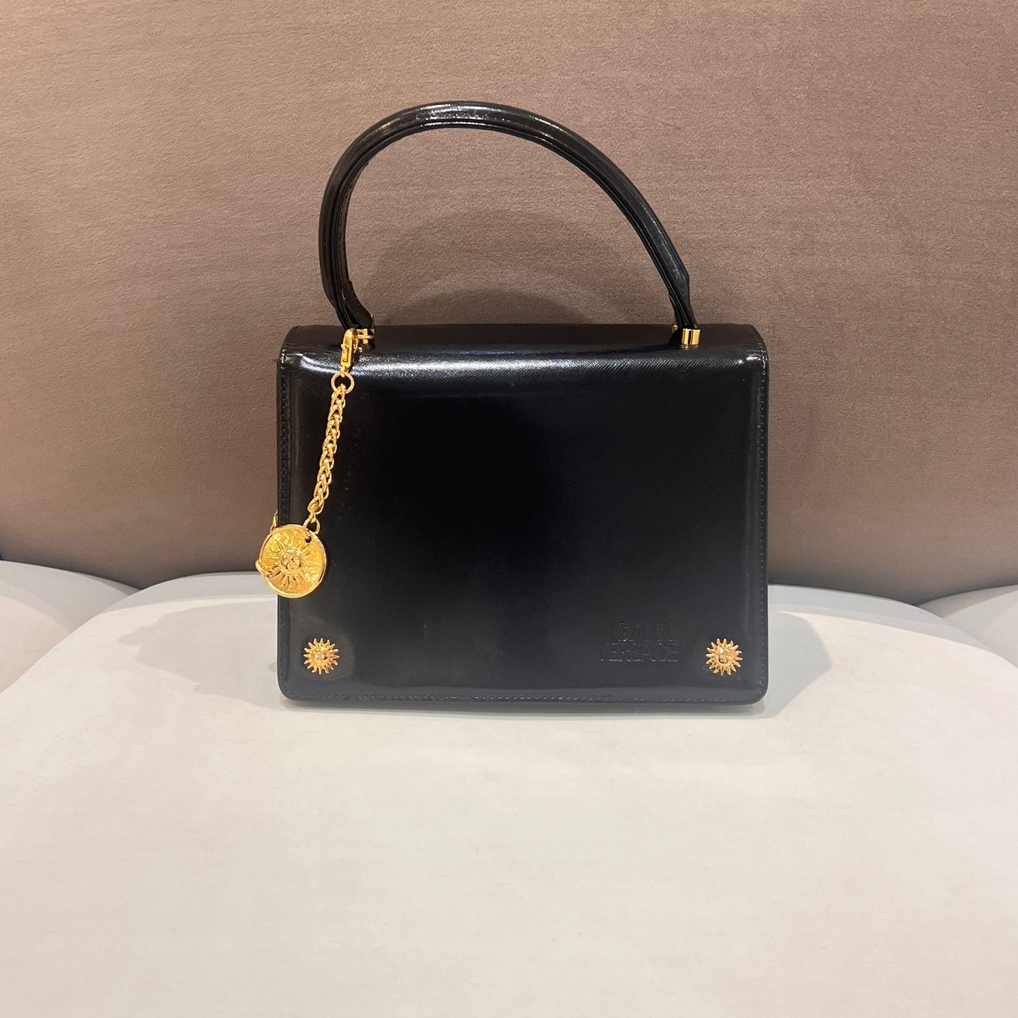 Versace Vintage Medusa Charm Black Leather Top Handle Handbag