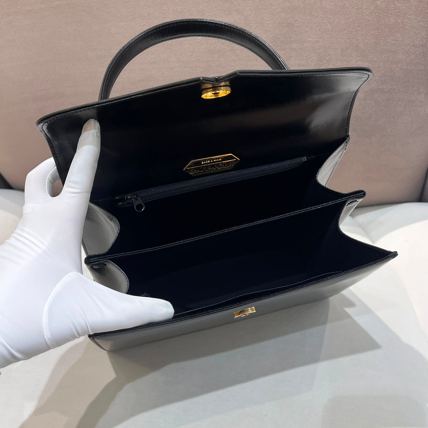 Givenchy Vintage Black Leather Structured Top Handle Handbag