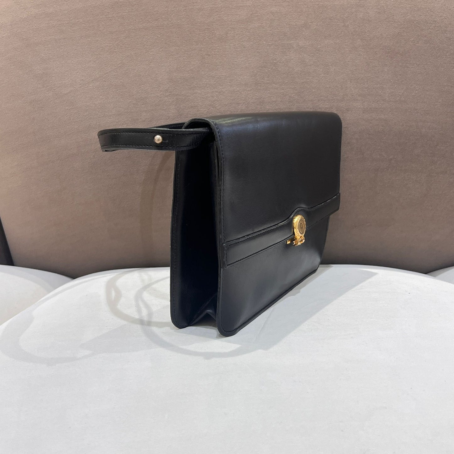 Christian Dior Vintage Black Leather Shoulder Bag With Round Logo Clasp