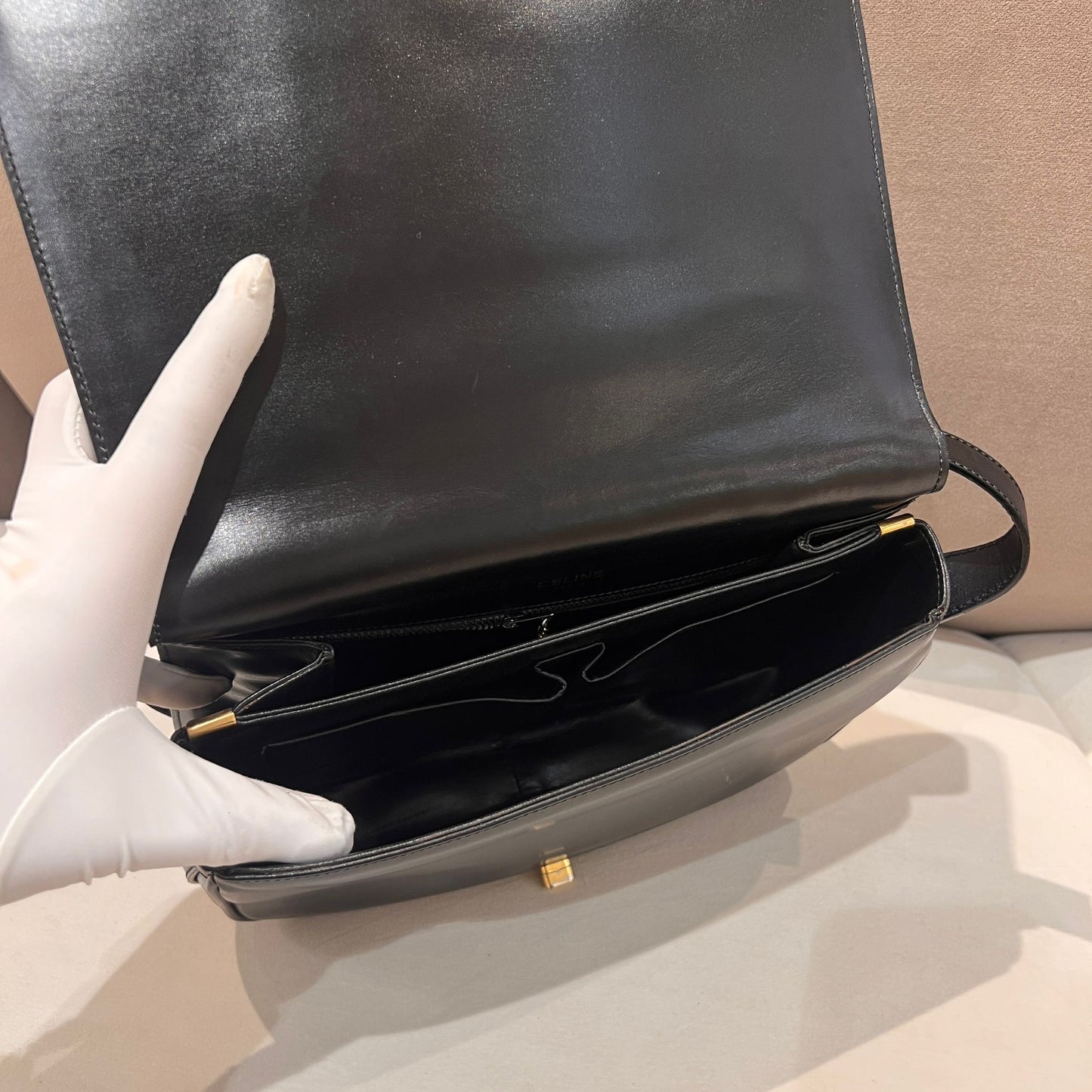 Celine Vintage Black Leather Turn Lock Shoulder Bag