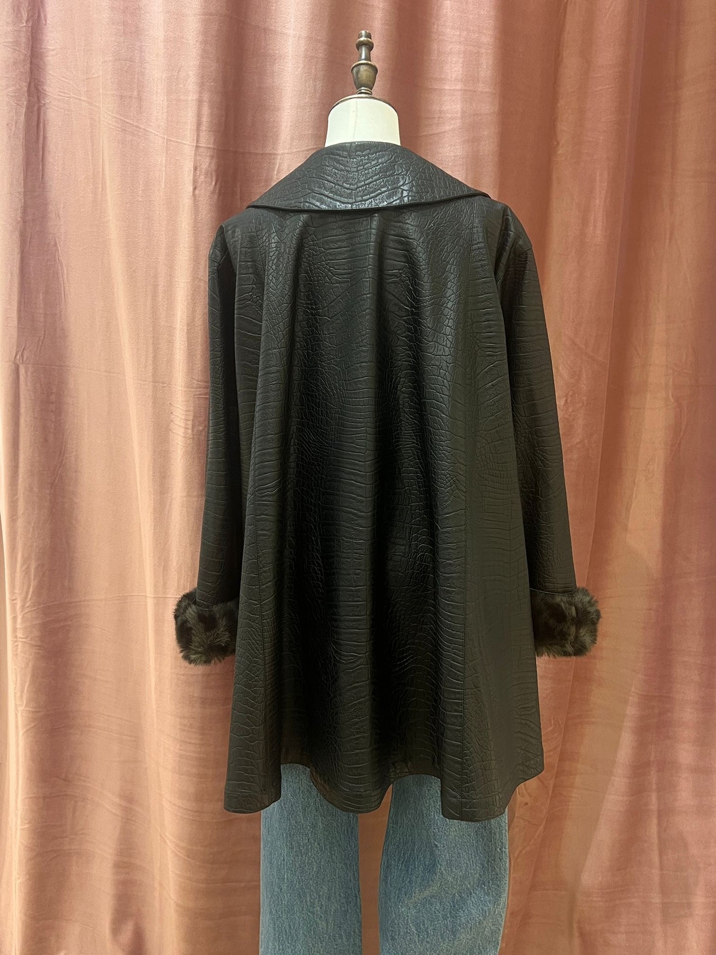 Christian Dior Vintage Miss Dior Black Crocodile-embossed Coat with Fur Trim Cuffs