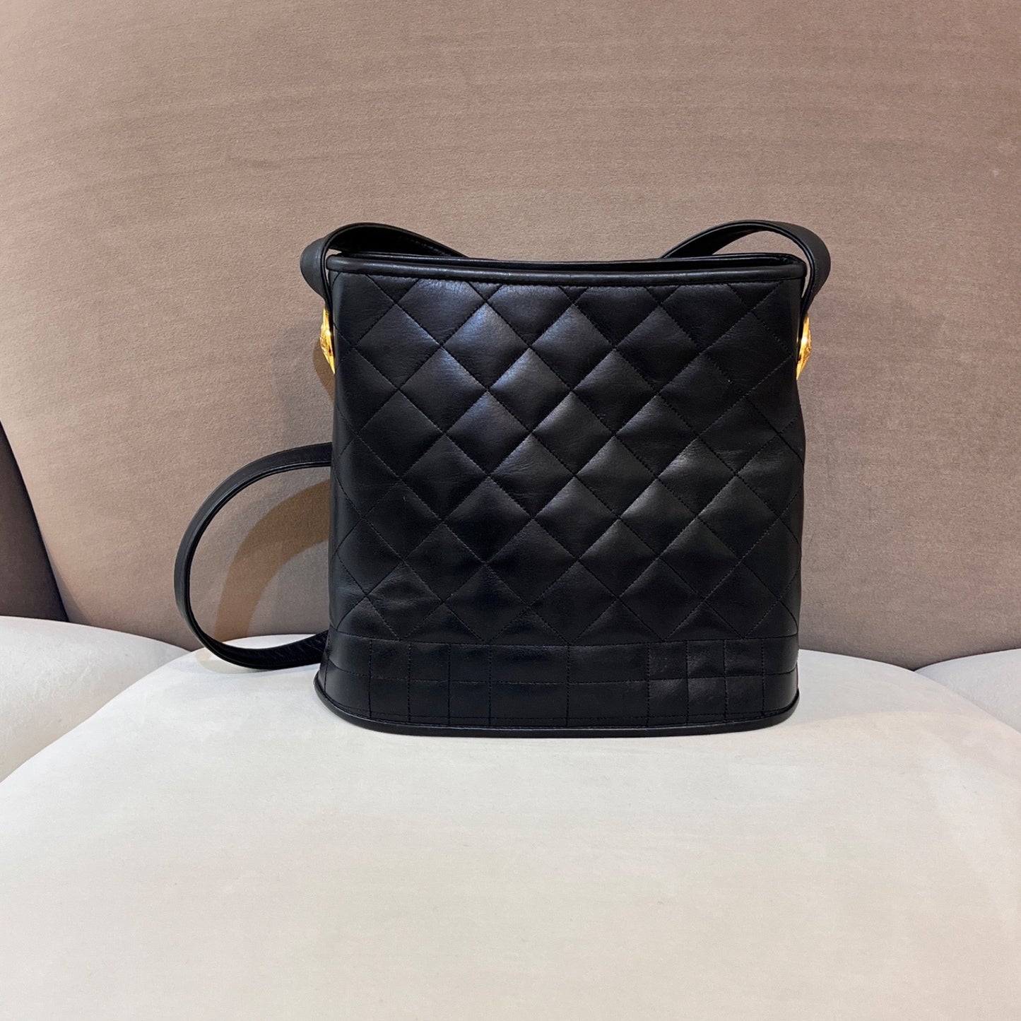 Versace Vintage Quilted Leather Baroque Bucket Shoulder Bag Black