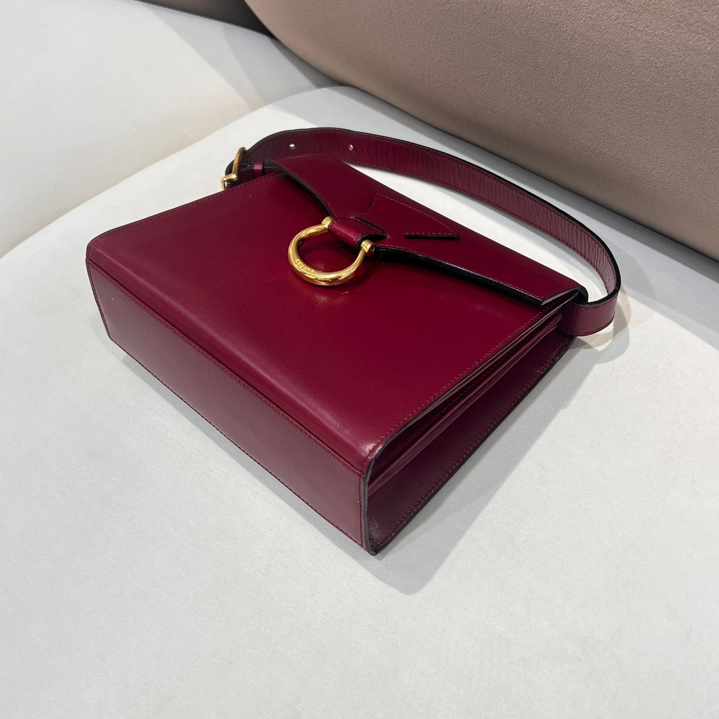 Celine Vintage Burgundy Leather Gold Ring Top Handle Bag