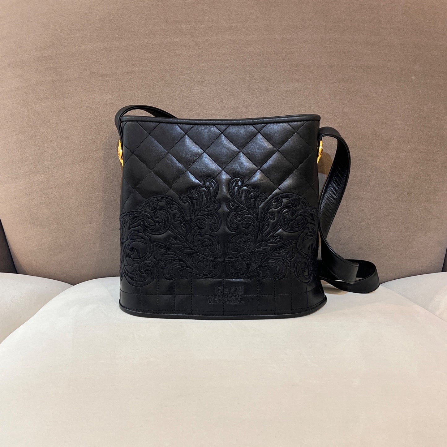 Versace Vintage Quilted Leather Baroque Bucket Shoulder Bag Black