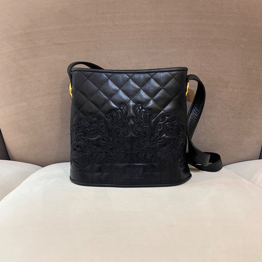 Versace Vintage Quilted Leather Baroque Bucket Shoulder Bag Black