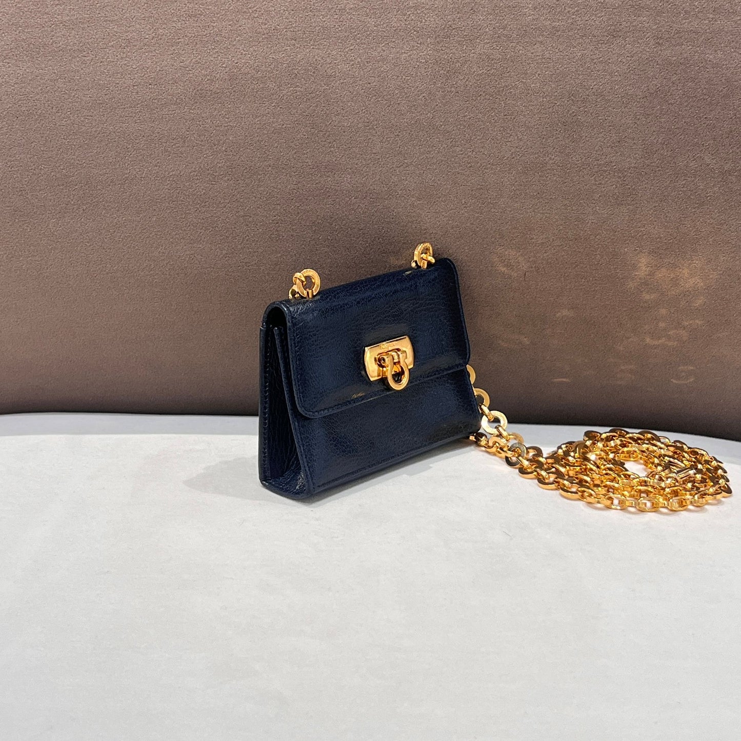 Ferragamo Vintage Gancini Navy Leather Mini Chain Shoulder Bag