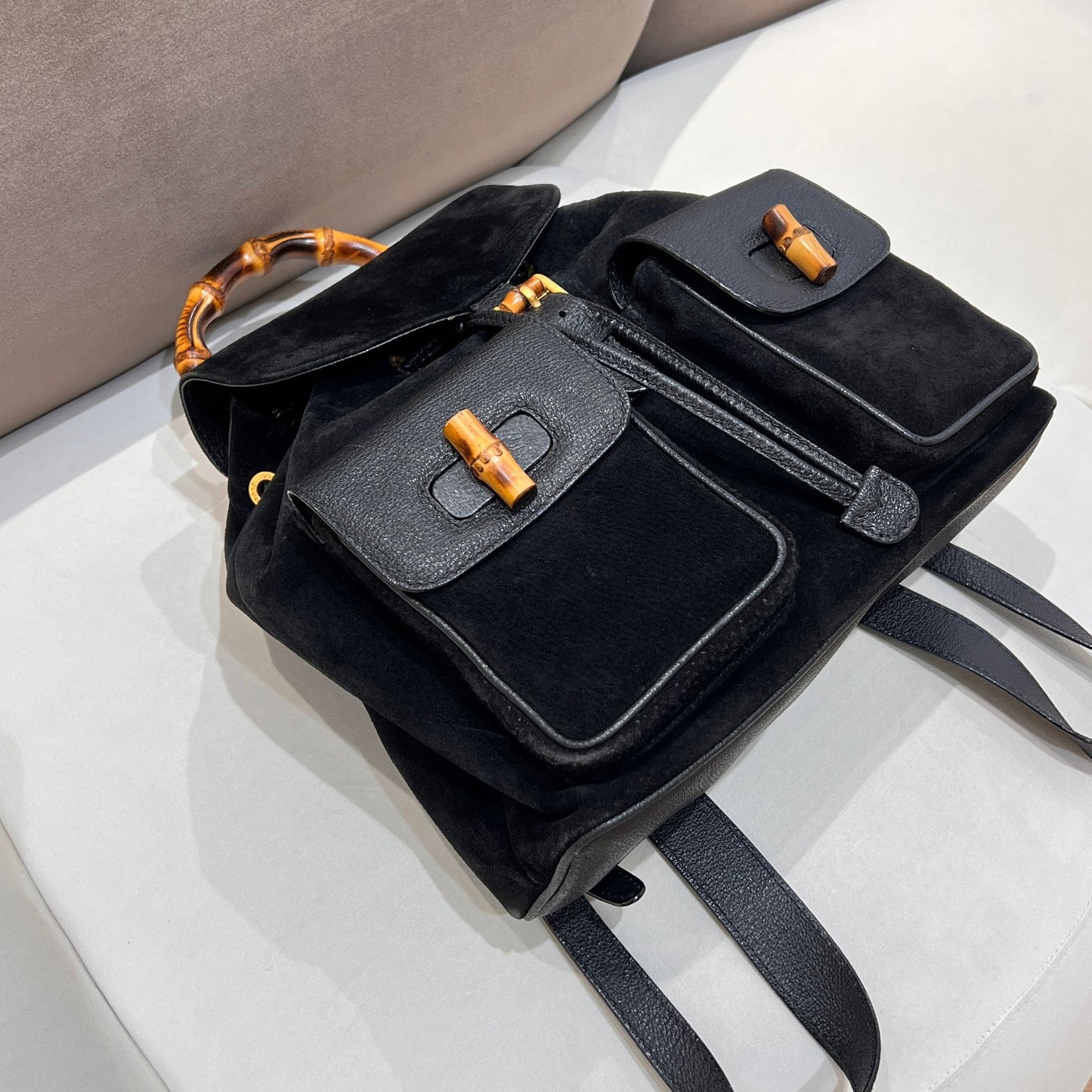 Gucci Vintage Black Suede Bamboo Backpack