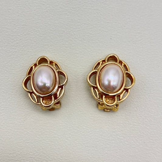 Christian Dior Vintage Oval Shape Pearl Golden Clip-on Earrings