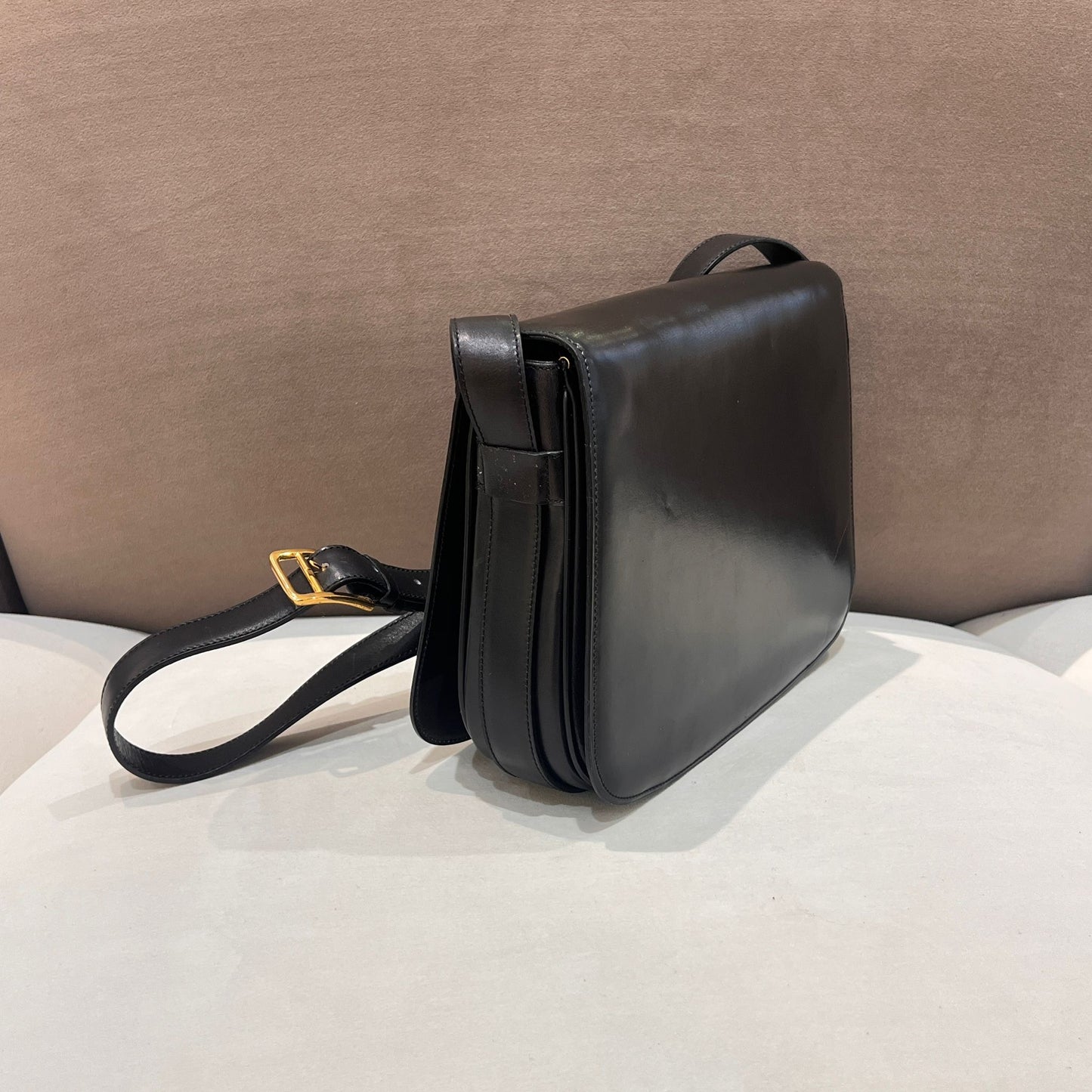 Celine Vintage Black Leather Turn Lock Shoulder Bag
