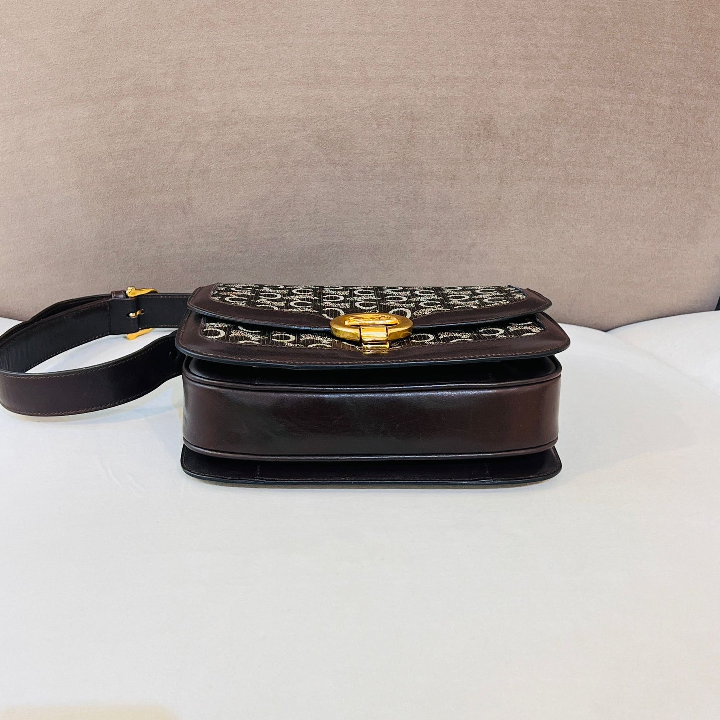 Celine Vintage Triomphe Canvas Khaki Leather Gold Clasp Shoulder Bag