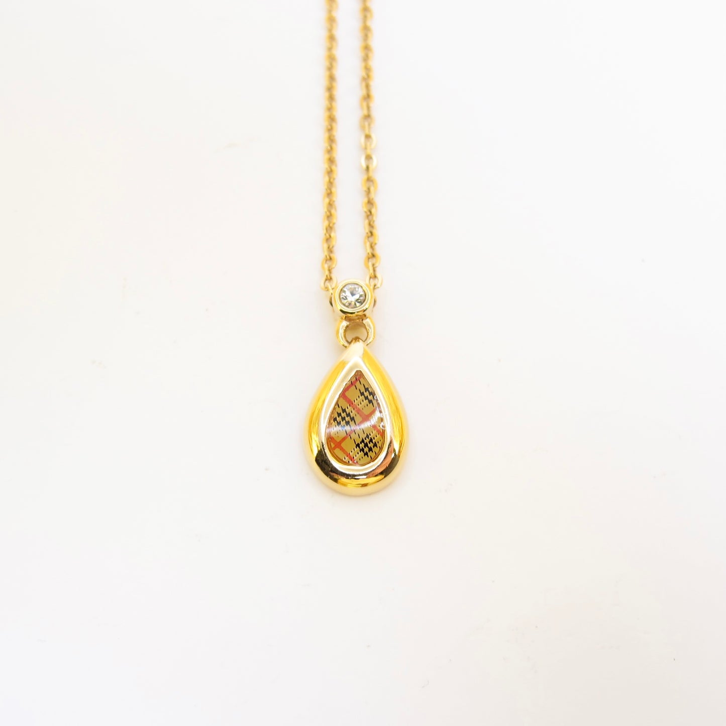 Burberry Vintage Check Drop Shape and Rhinestone Golden Necklace