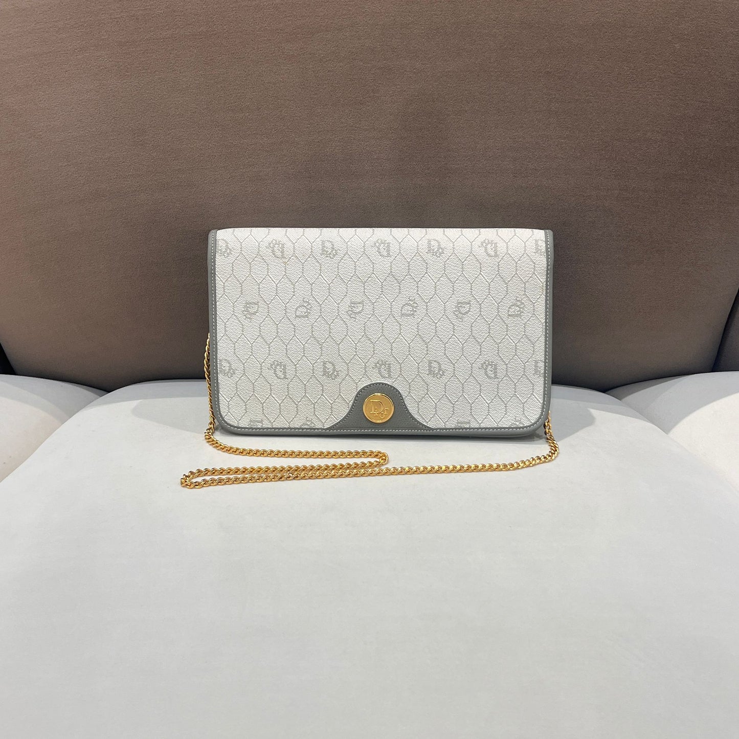 Christian Dior Vintage Grey Honeycomb Monogram Chain Shoulder Bag