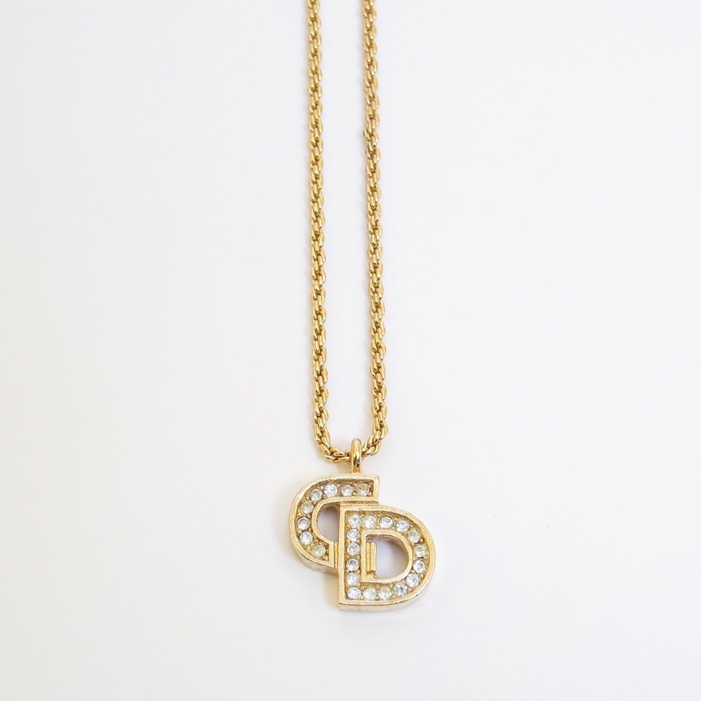 Christian Dior Vintage CD Logo with Rhinestone Golden Necklace