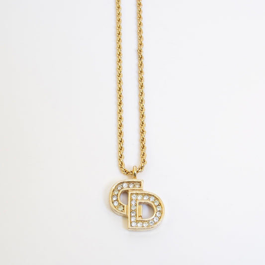 Christian Dior Vintage CD Logo with Rhinestone Golden Necklace