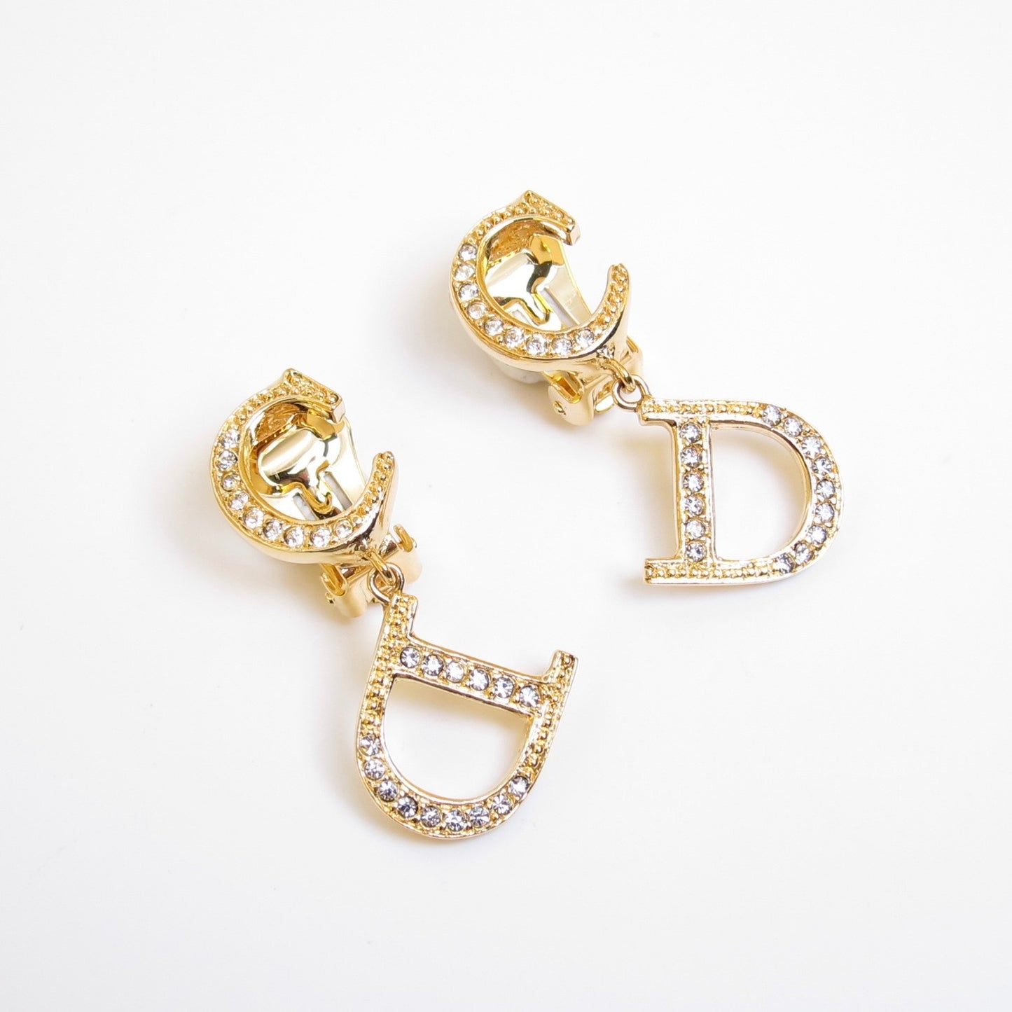 Christian Dior Vintage CD  Logo with Rhinestone Dangle Golden Clip-on Earrings