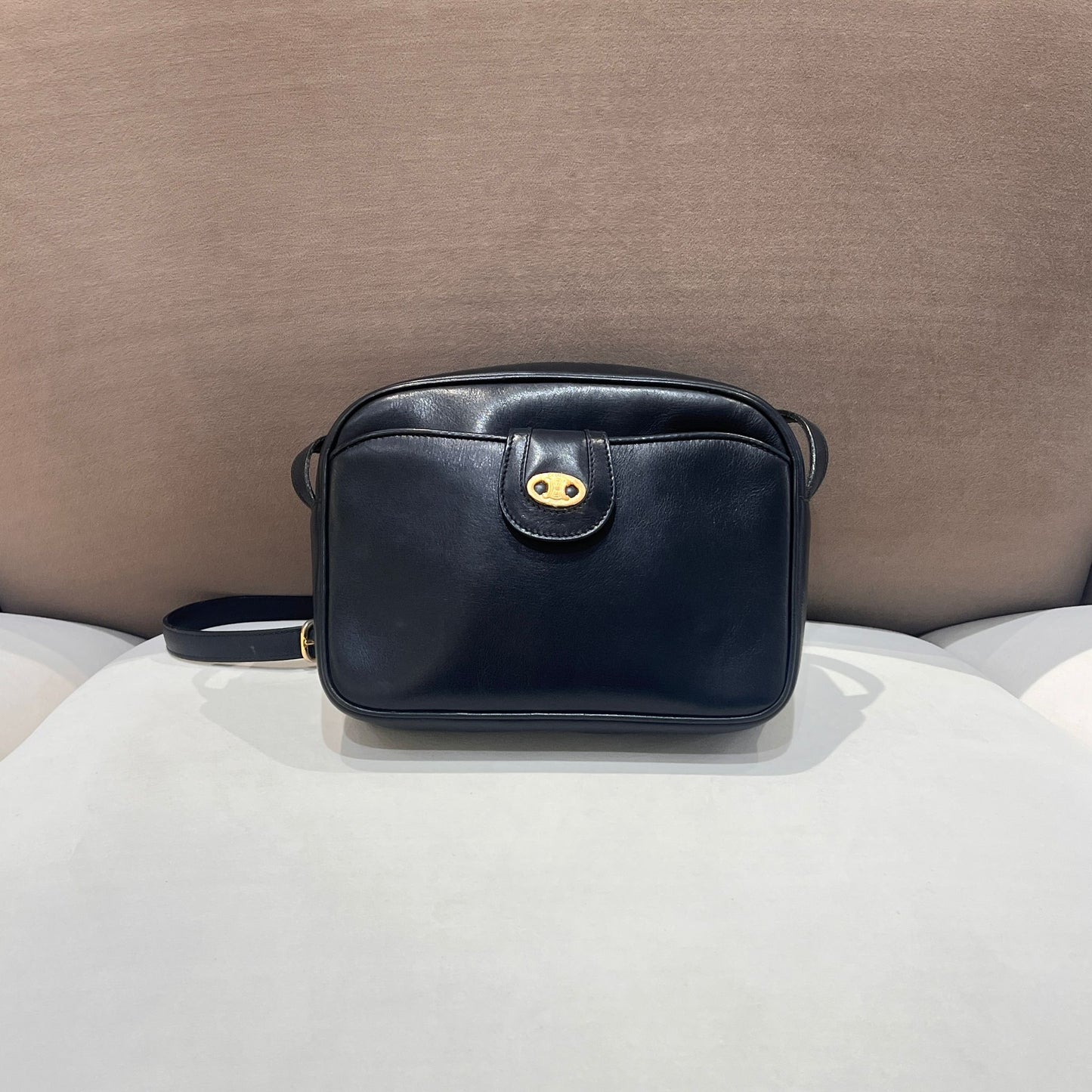 Celine Vintage Black Leather Oval Clasp Shoulder Bag
