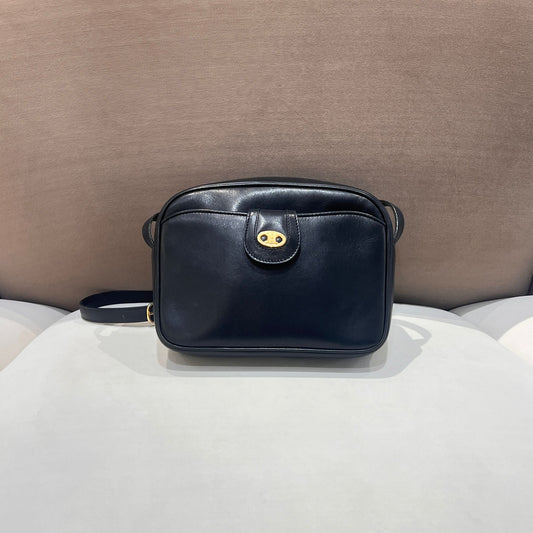 Celine Vintage Black Leather Oval Clasp Shoulder Bag