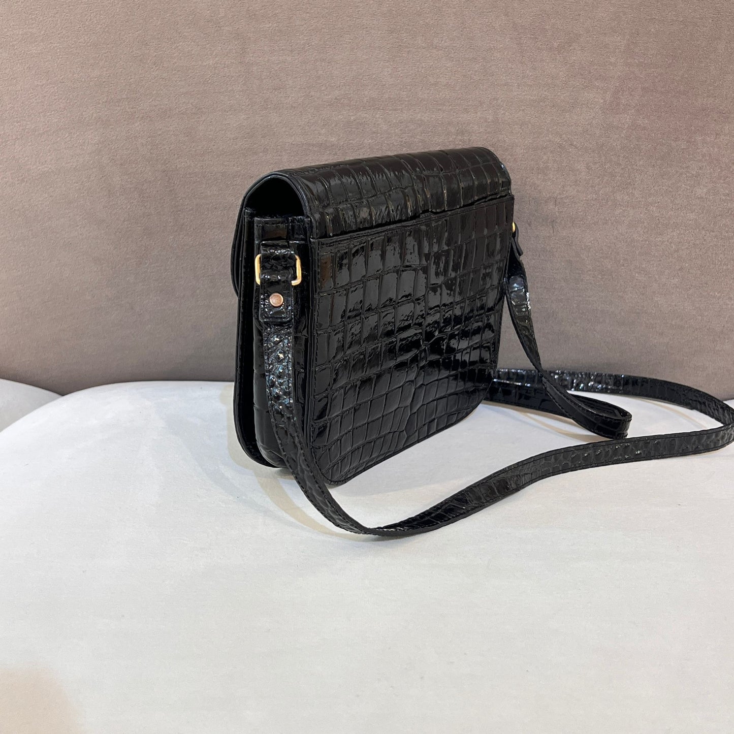Yves Saint Laurent Vintage Crocodile-Embossed Black Shoulder Bag