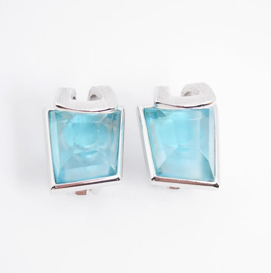 Christian Dior Vintage Rectangle Aqua Blue Stone Silver Clip-on Earrings