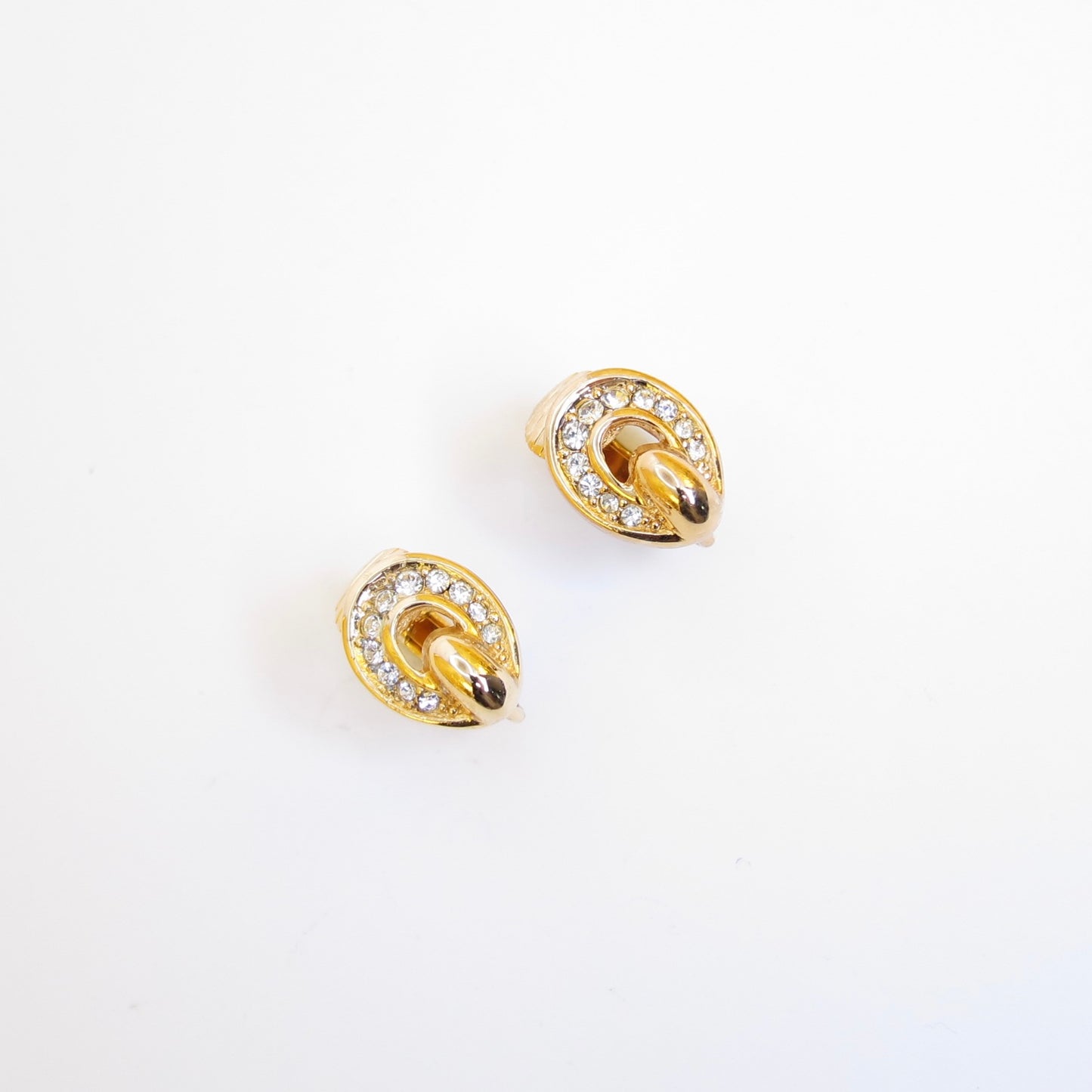 Christian Dior Vintage Oval Shaped with Rhinestone Golden Clip-on Earrings