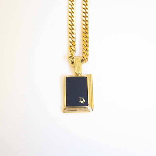 Christian Dior Vintage Dior Logo on Rectangle Black and Golden Necklace