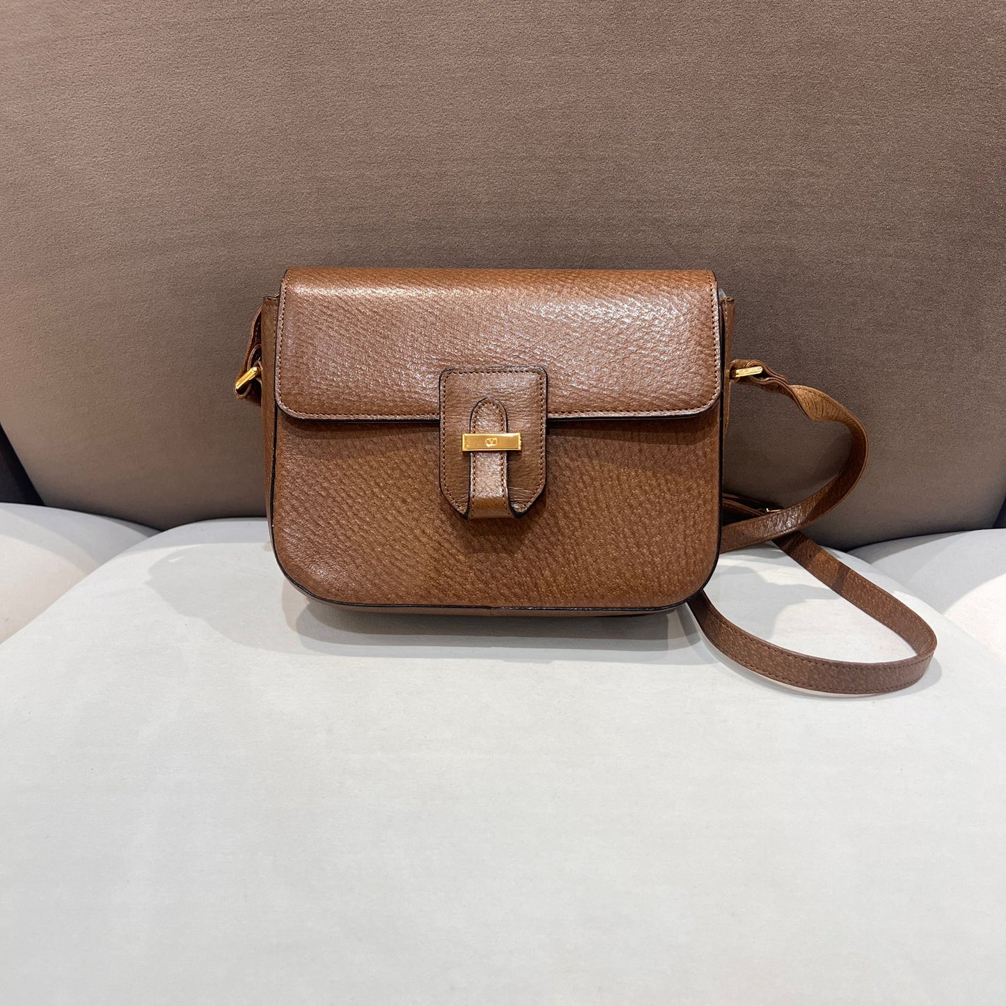 Valentino Garavani Vintage Brown Leather Buckle Shoulder Bag