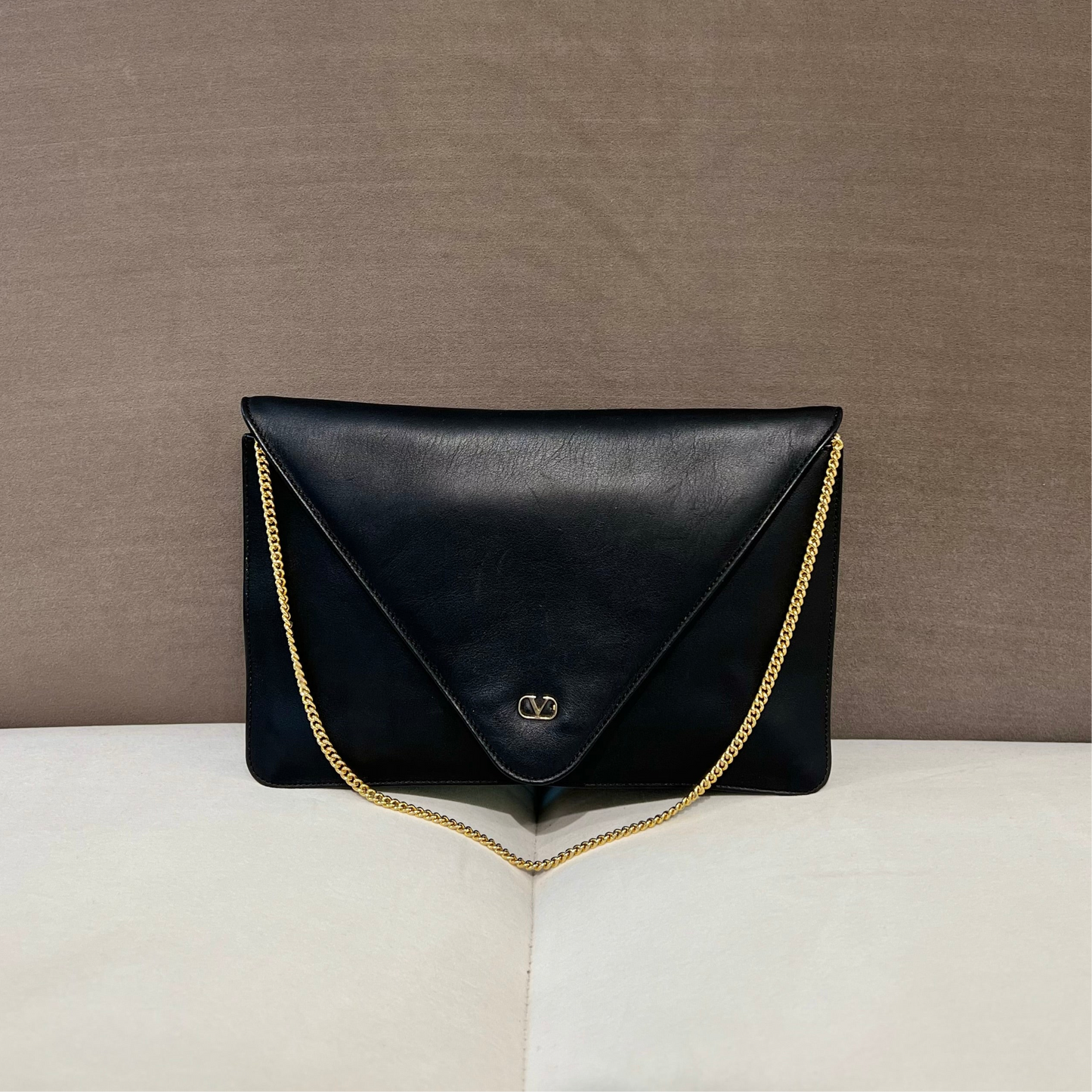 Valentino Vintage Black Leather V Shape Chain Shoulder Bag