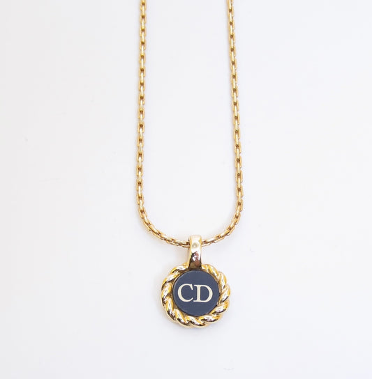 Christian Dior Vintage CD Logo on Round Shaped Black and Golden Necklace