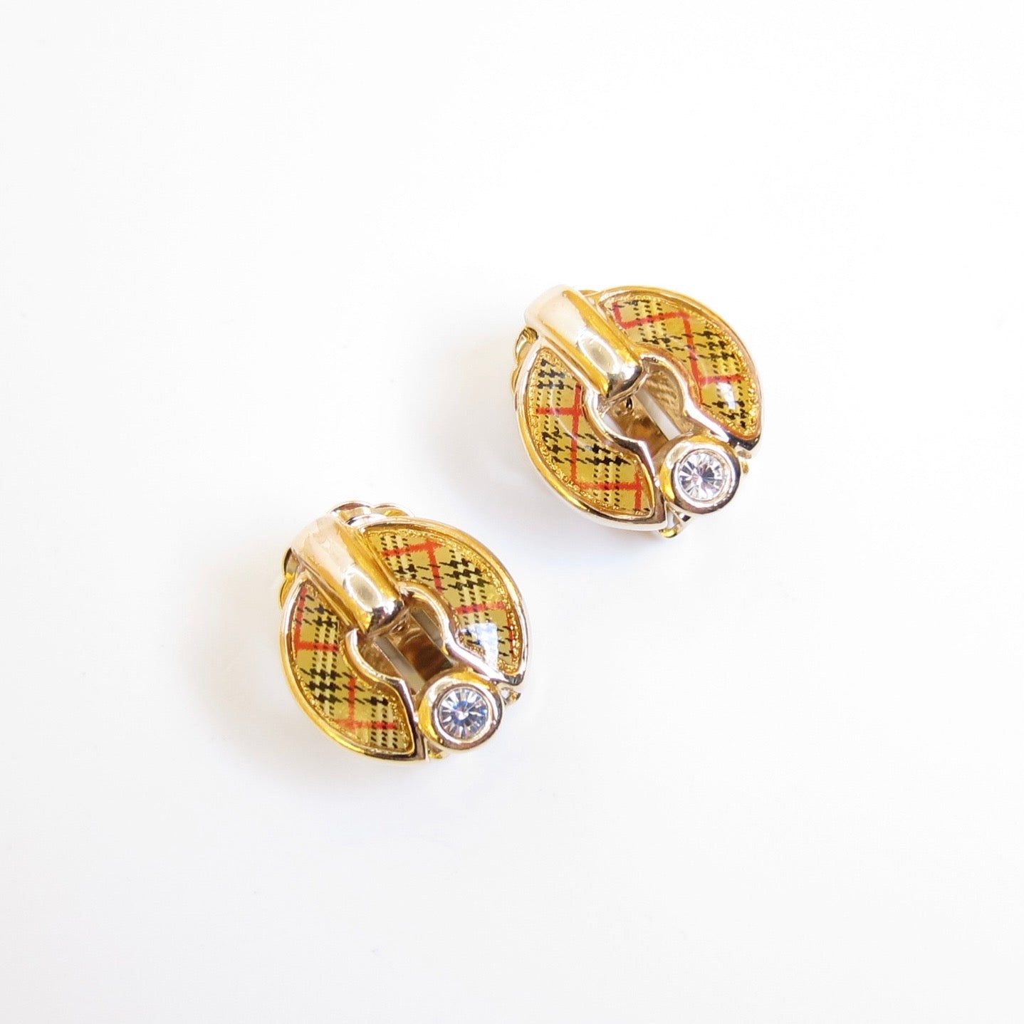 Burberry Vintage Check and Rhinestone Golden Clip-on Earrings