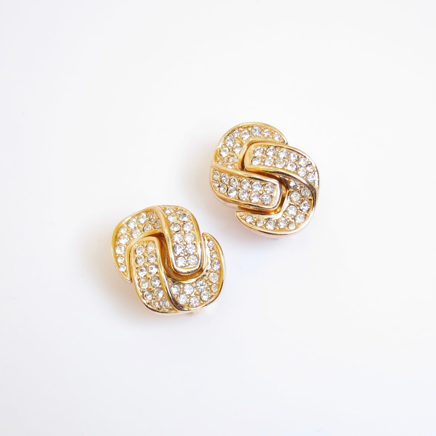 Christian Dior Vintage Interlocking Knot with Rhinestone Golden Clip-on Earrings