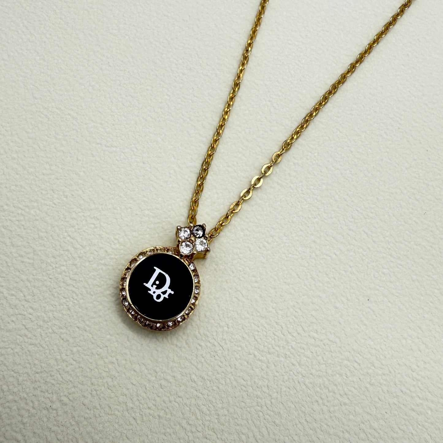 Christian Dior Vintage Dior Logo in Black Circle with Rhinestone Golden Necklace