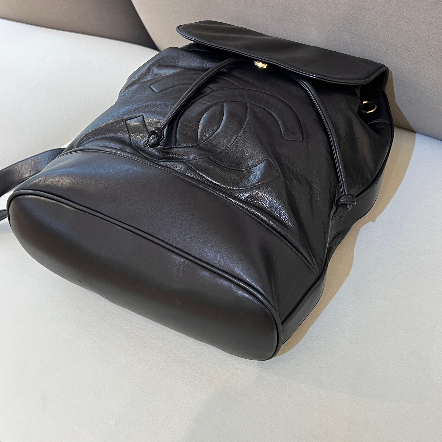 Chanel Vintage Coco Mark Black Lambskin Leather Backpack