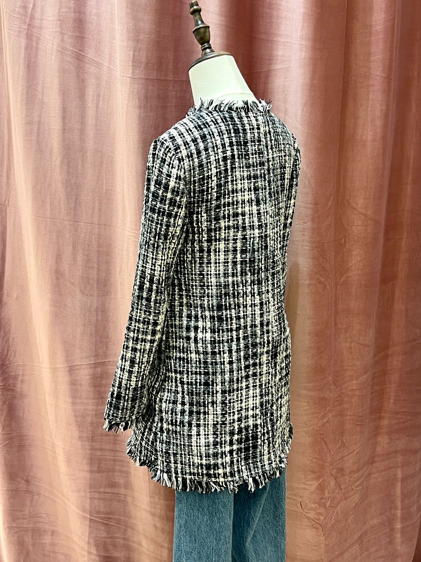 Kate Spade Black and White Checkered Cotton Tweed Jacket