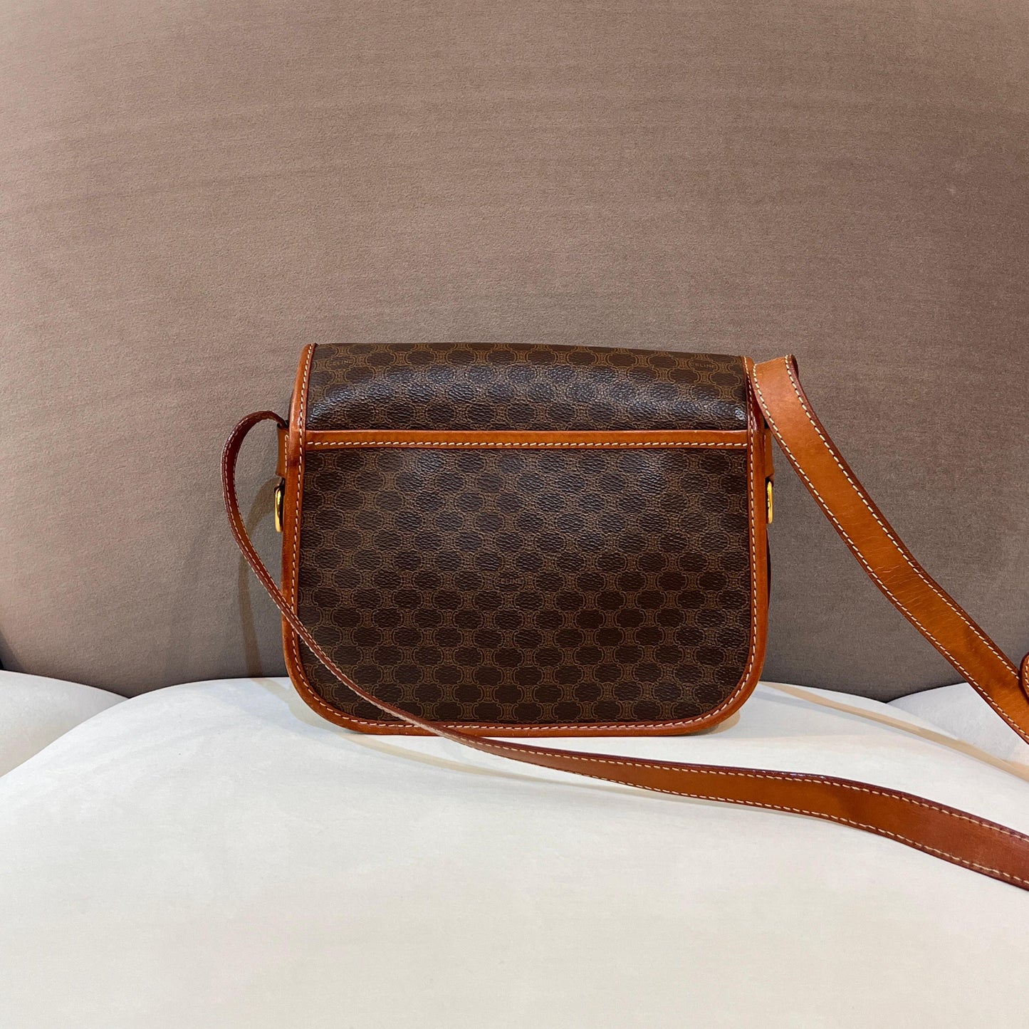 Celine Vintage Macadam Canvas Brown Leather Shoulder Bag