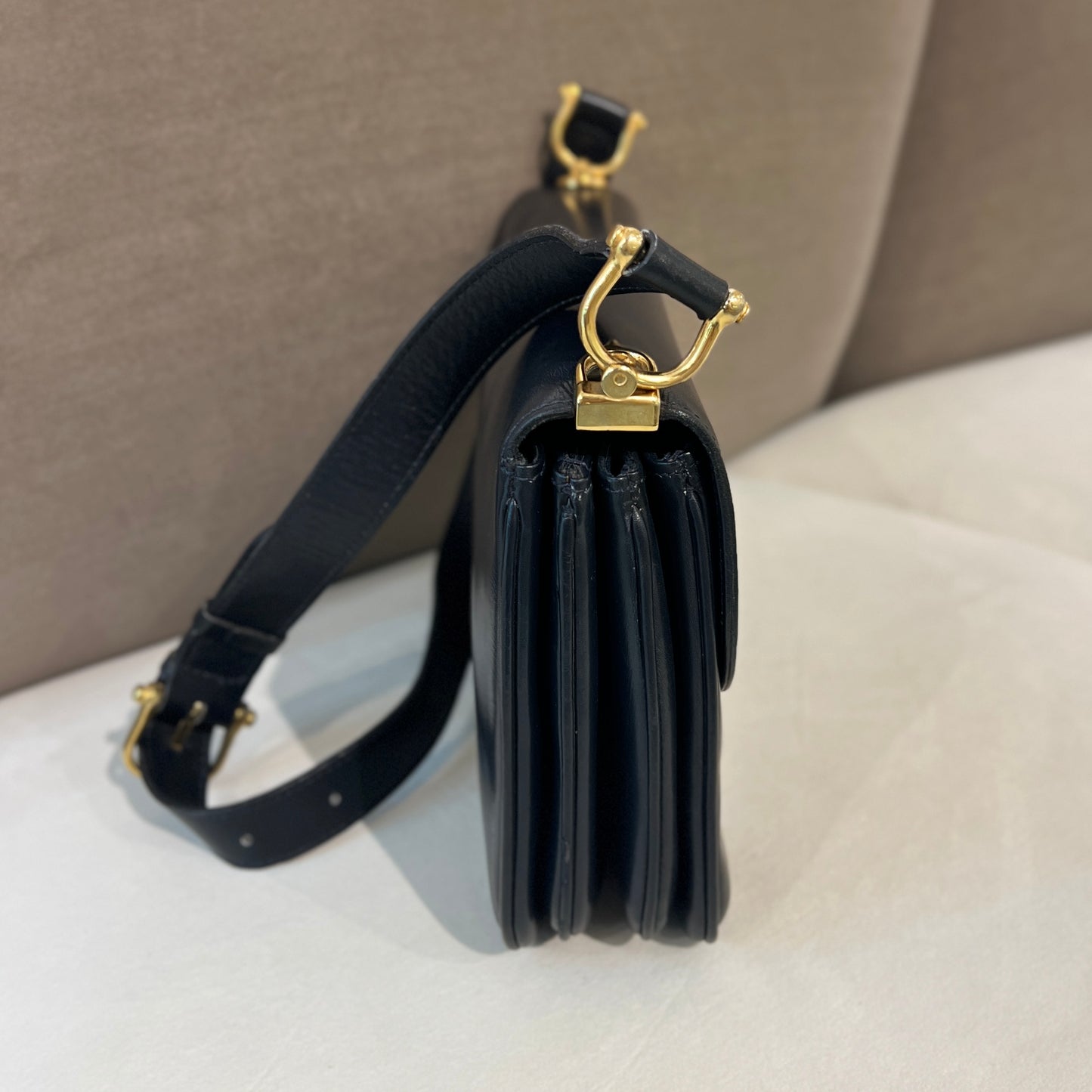 Celine Vintage Golden Carriage Buckle Black Leather Shoulder Bag
