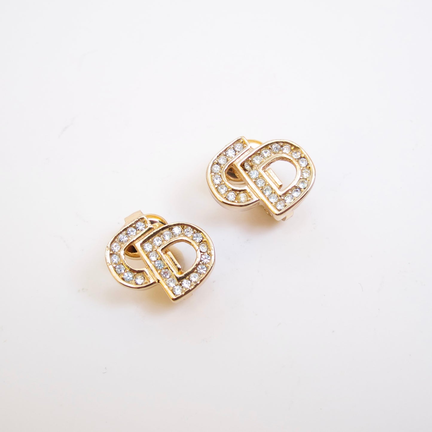 Christian Dior Vintage CD Logo with Rhinestone Golden Clip-on Earrings