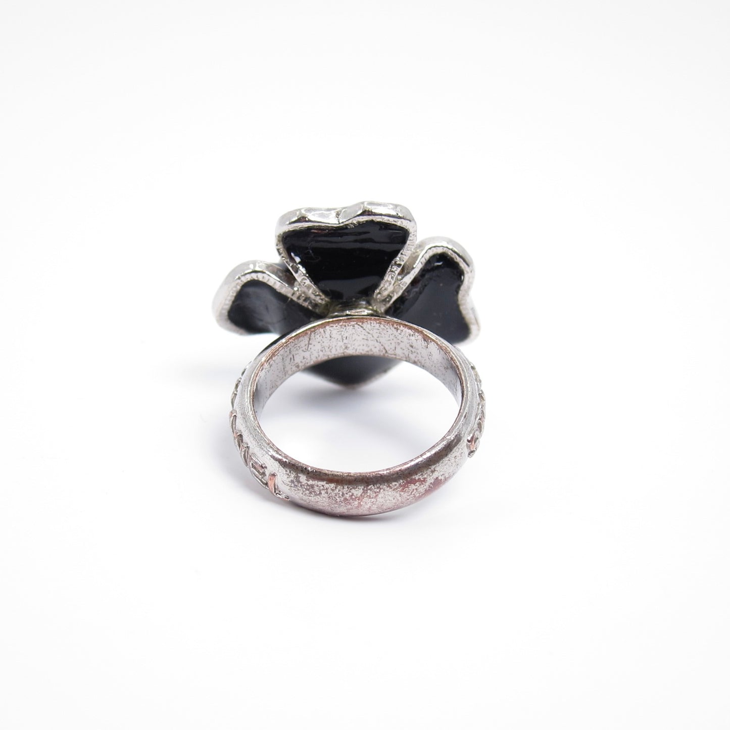 Chanel Vintage CC Logo Black Camellia Silver Ring