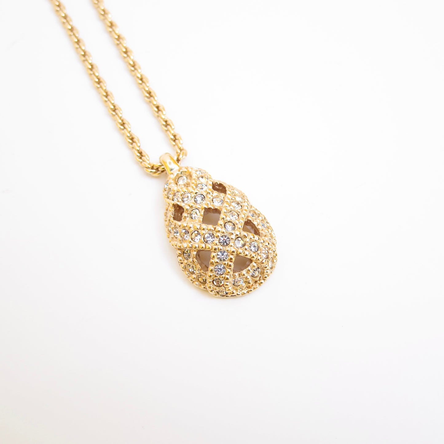 Christian Dior Vintage Stylish Rhinestone Pendant Golden Necklace