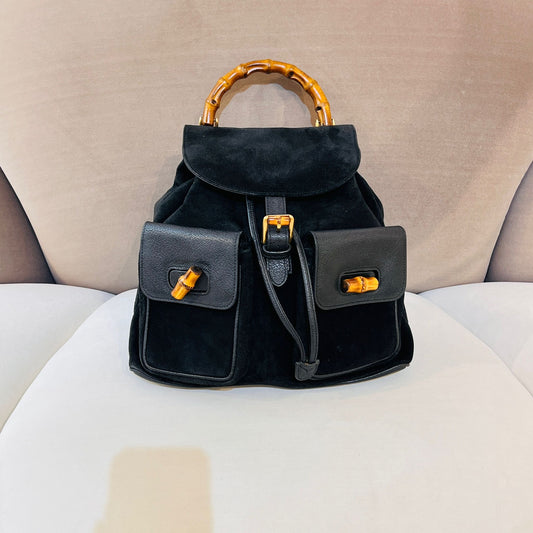 Gucci Vintage Bamboo Backpack Black Suede Leather